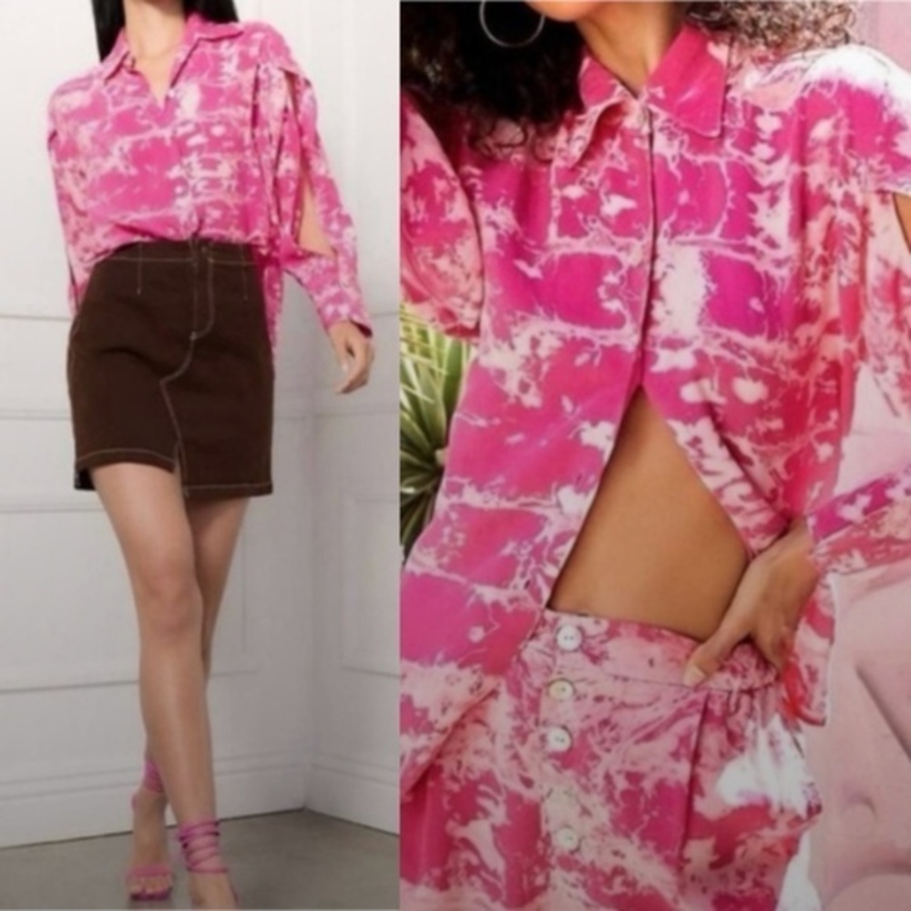 NWT R.G. Kane Blouse Ceres Button Down in Pink Tie Dye